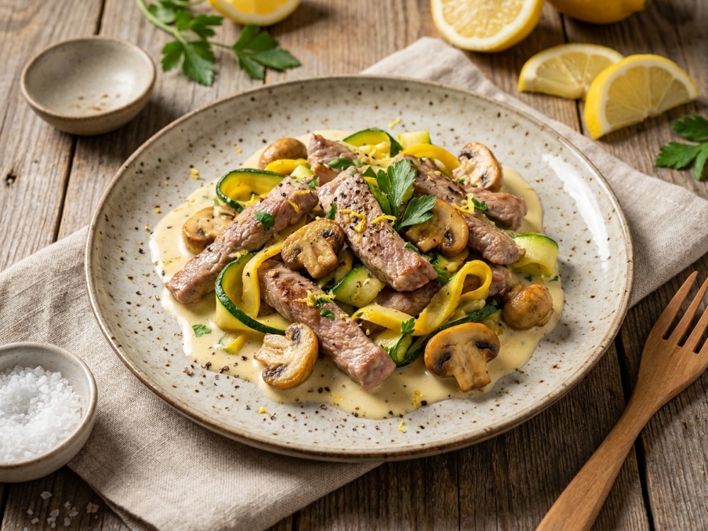 Zomerse kalfsreepjes met courgette, champignons en citroenroom