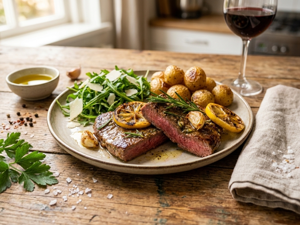 Zomerse minute steak met citroen, knoflook en rozemarijn