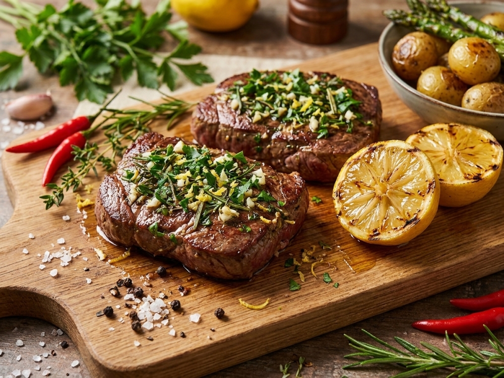 Zomerse minute steak met tuinkruiden, knoflook en citroen