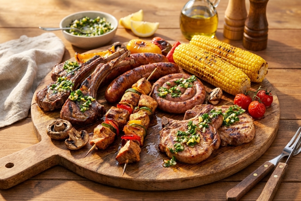 Zomerse mixed grill van rundvlees met citroenpeterselie en gegrilde ma&iuml;s